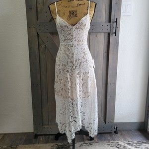 Lulu's White Floral Lace One Wish Midi Dress Size XS  V-Neck Cocktail Wedding